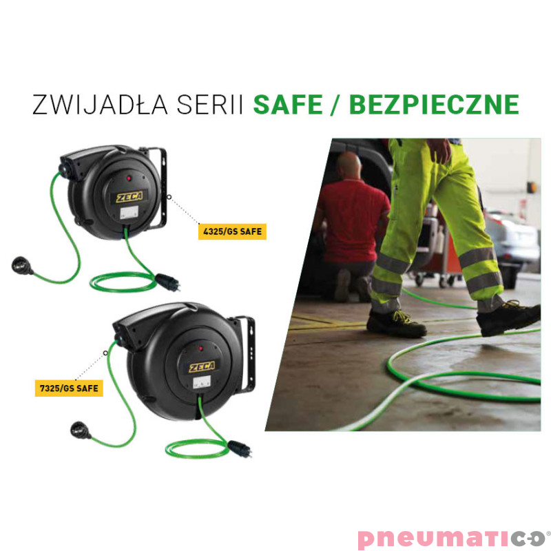 Automatyczny zwijacz kablowy "bezpieczny" z gniazdem Schuko Zeca 4325/GSSAFE 14m Automatyczny zwijacz kablowy "bezpieczny" z gniazdem Schuko Zeca 4325/GSSAFE 14m