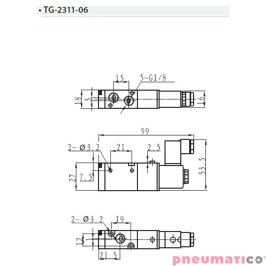 Zaw&oacute;r elektropneumatyczny 3/2 sterowany jednostronnie TEKMA TG-2311-06-AC220 NC 1/8" 220VAC