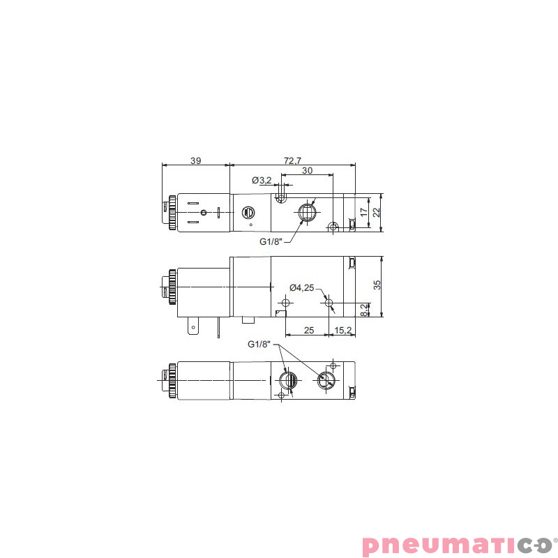 Zaw&oacute;r elektropneumatyczny 3/2 normalnie zamknięty NZ 1/8" PNEUMAX 8880.32.C.39.F05