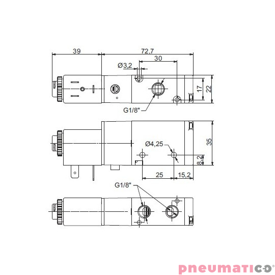 Zaw&oacute;r elektropneumatyczny 3/2 normalnie zamknięty NZ 1/8" PNEUMAX 8880.32.C.39.F05