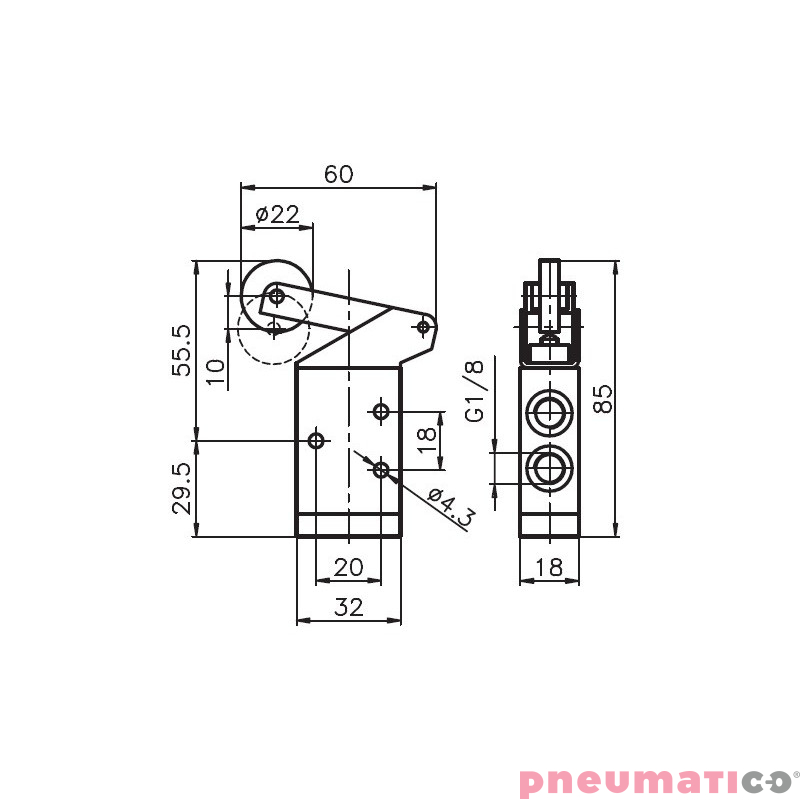 Zaw&oacute;r ręczny dźwigniowy z rolką, łożyskiem i sprężyną 3/2 PNEUMAX