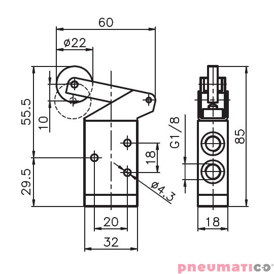 Zaw&oacute;r ręczny dźwigniowy z rolką, łożyskiem i sprężyną 3/2 PNEUMAX