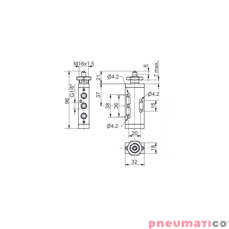Zaw&oacute;r pneumatyczny popychacz panel - sprężyna T228.52.1.1 5/2 PNEUMAX 1/8"