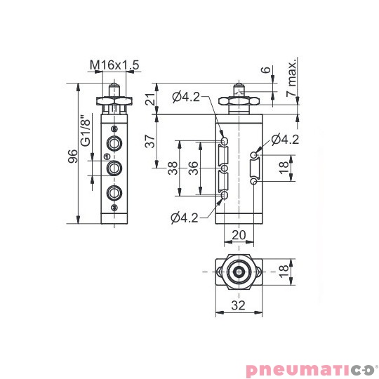 Zaw&oacute;r pneumatyczny popychacz panel - sprężyna T228.52.1.1 5/2 PNEUMAX 1/8"
