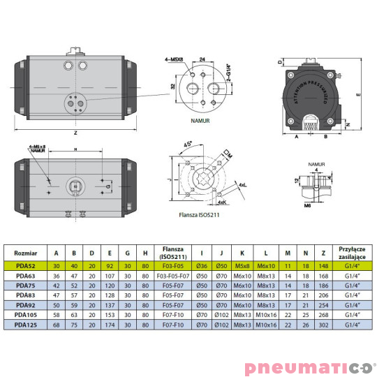 Pneumatyczny napęd obrotowy dwustronnego działania PDA52F35X11 RQS