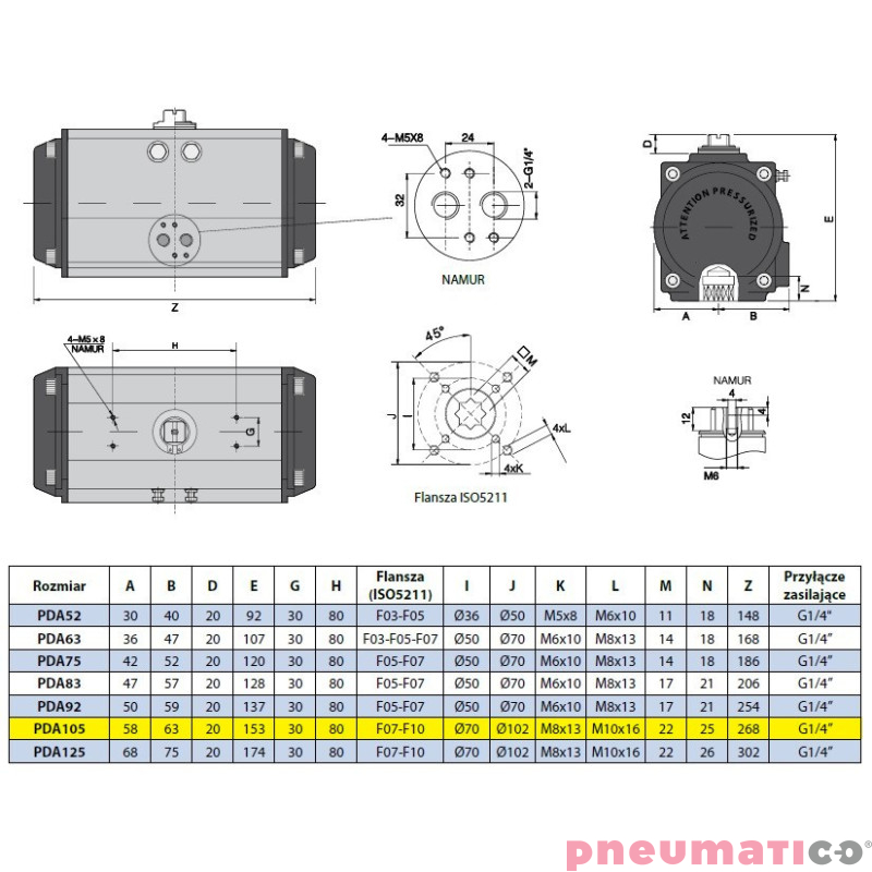 Pneumatyczny napęd obrotowy dwustronnego działania PDA105F710X22 RQS