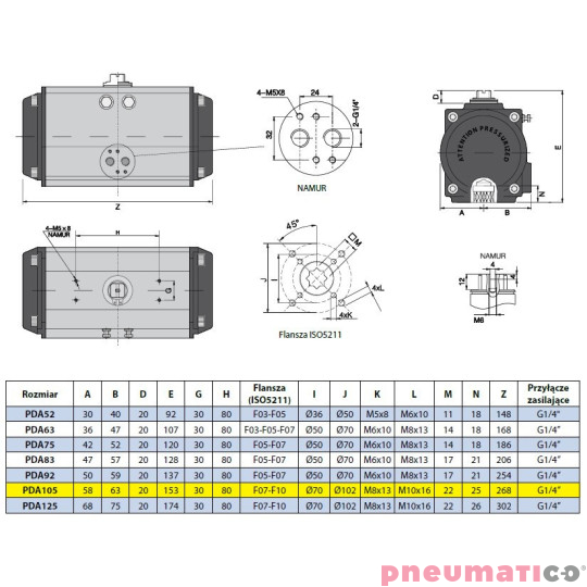 Pneumatyczny napęd obrotowy dwustronnego działania PDA105F710X22 RQS