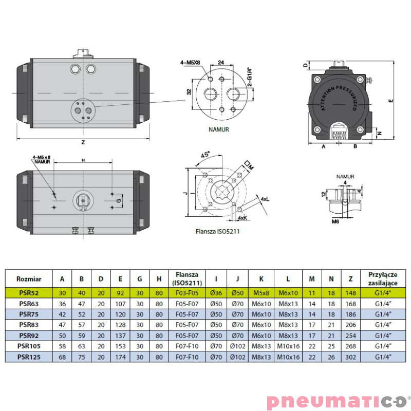 Pneumatyczny napęd obrotowy jednostronnego działania PSR52F35X11 RQS
