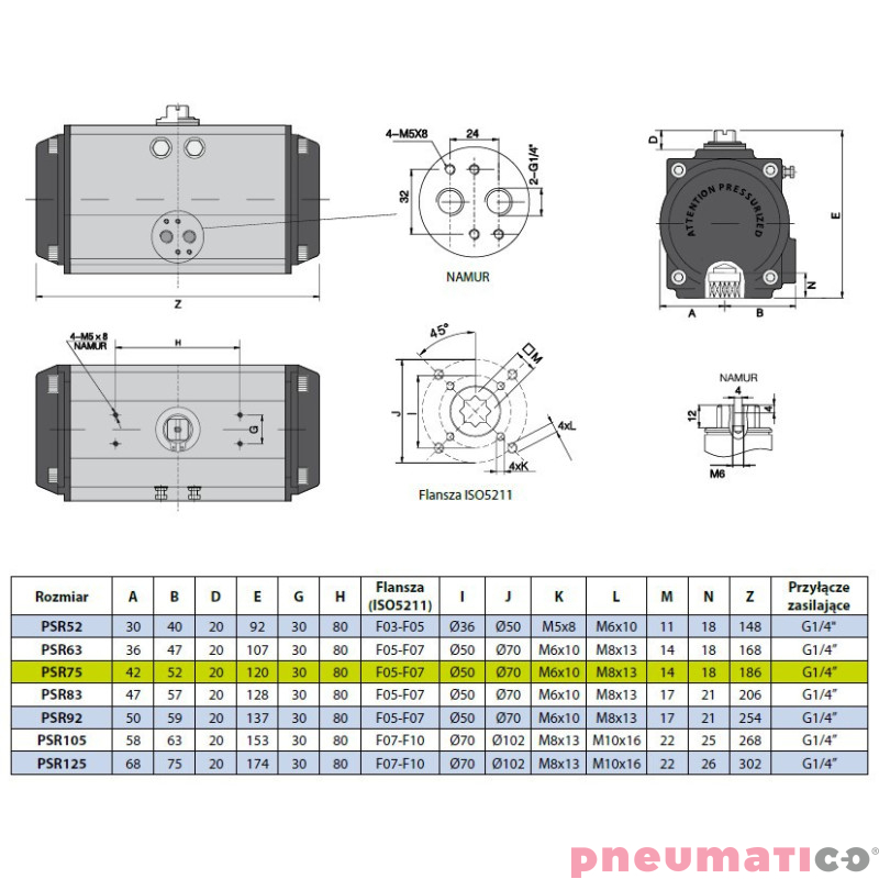 Pneumatyczny napęd obrotowy jednostronnego działania PSR75F57X14 RQS