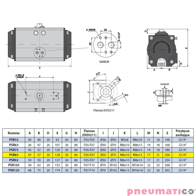 Pneumatyczny napęd obrotowy jednostronnego działania PSR83F57X17 RQS