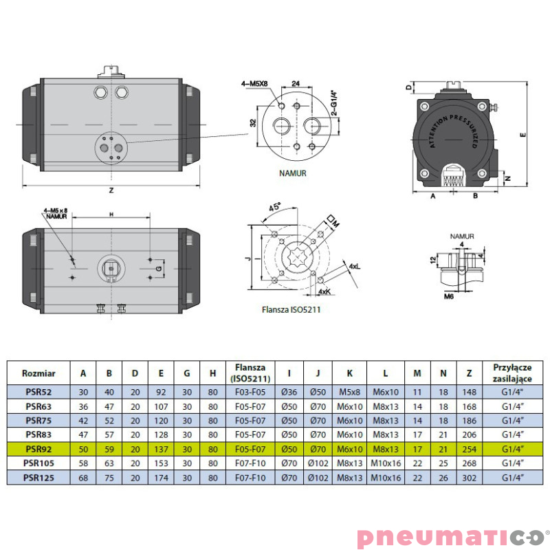 Pneumatyczny napęd obrotowy jednostronnego działania PSR92F57X17 RQS