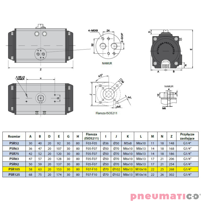 Pneumatyczny napęd obrotowy jednostronnego działania PSR105F710X22 RQS