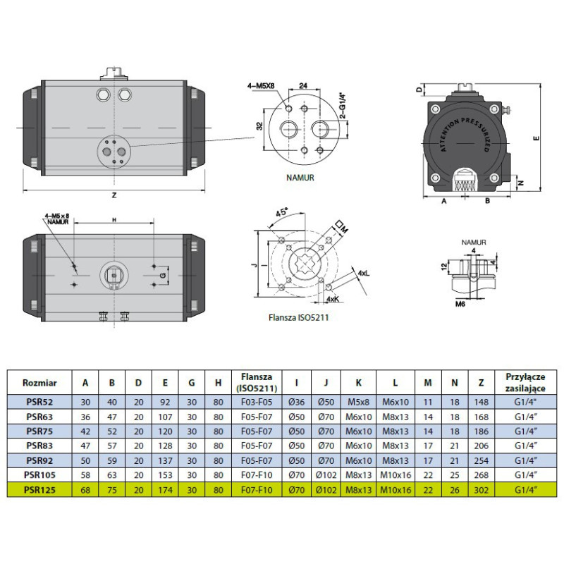 Pneumatyczny napęd obrotowy jednostronnego działania PSR125F710X22 RQS