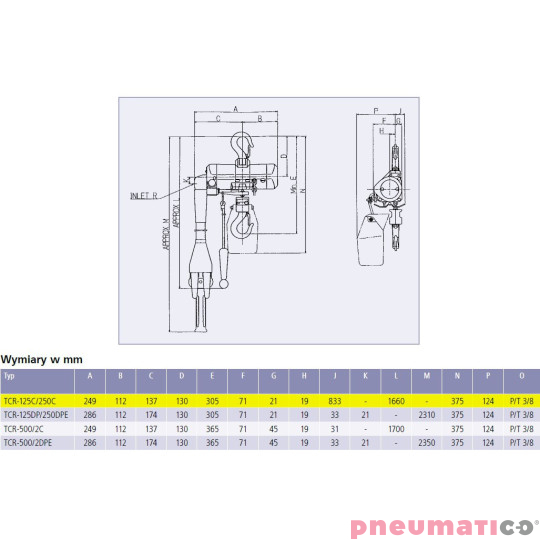 wciągnik łańcuchowy RedRooster TCR-125C wymiary