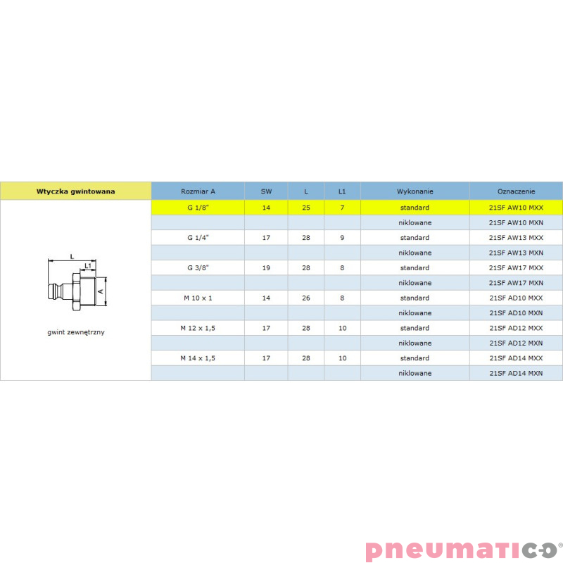 Szybkozłącze niskociśnieniowe męskie z gw.zew typ 21KA 1/8" RQS 21SFAW10MXX