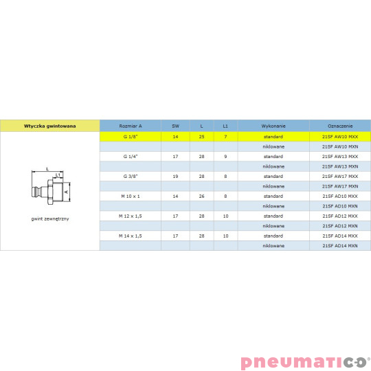 Szybkozłącze niskociśnieniowe męskie z gw.zew typ 21KA 1/8" RQS 21SFAW10MXX