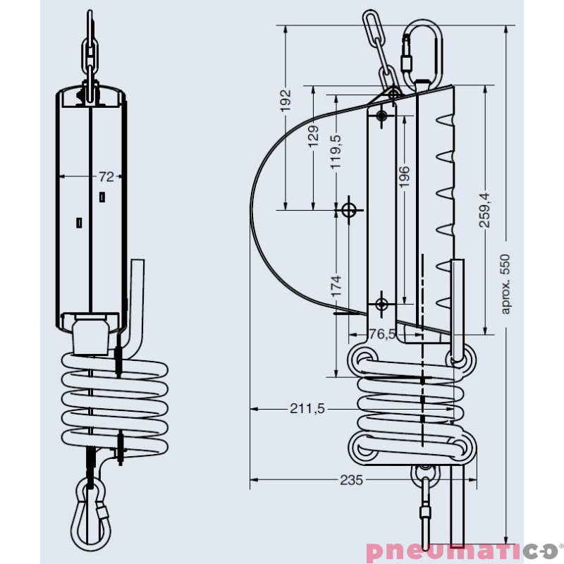 Balanser linkowy Carl Stahl Kromer z przewodem powietrznym 9x13mm 10-14kg 3000mm Balanser linkowy Carl Stahl Kromer z przewodem powietrznym 9x13mm 10-14kg 3000mm