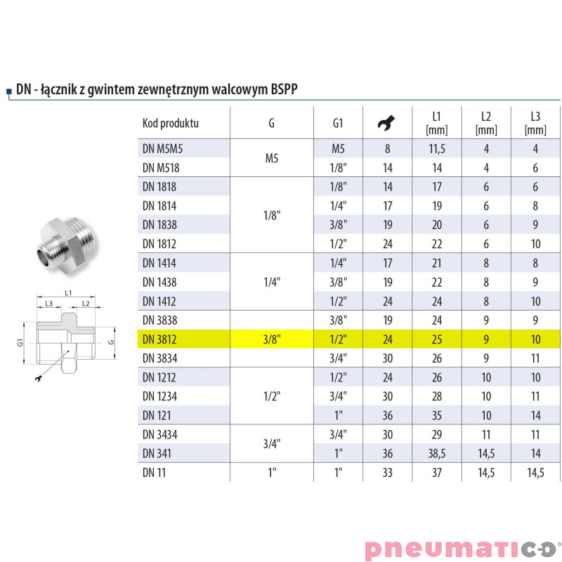 Nypel redukcyjny 1/2 -  3/8 gw.zew.