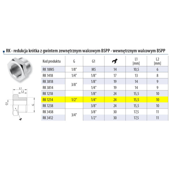 Redukcja  1/2" gw.zewn. 1/4" gw. wewn.