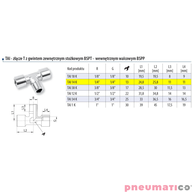 Tr&oacute;jnik typu T 2x1/4" gw.wew. 1x1/4" gw.zew.