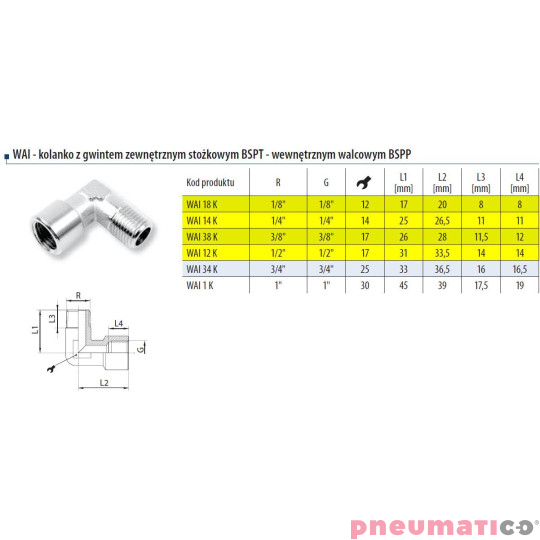 Kolanko z gwintem zewnętrznym i wewnętrznym 1/8" RQS WAI18K