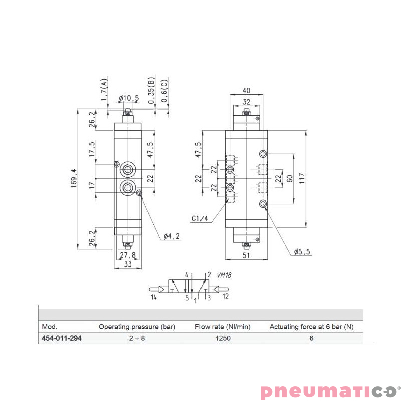 ELEKTROZAWÓR 5/2 1/4" CAMOZZI 454-011-294 ELEKTROZAWÓR 5/2 1/4" CAMOZZI 454-011-294