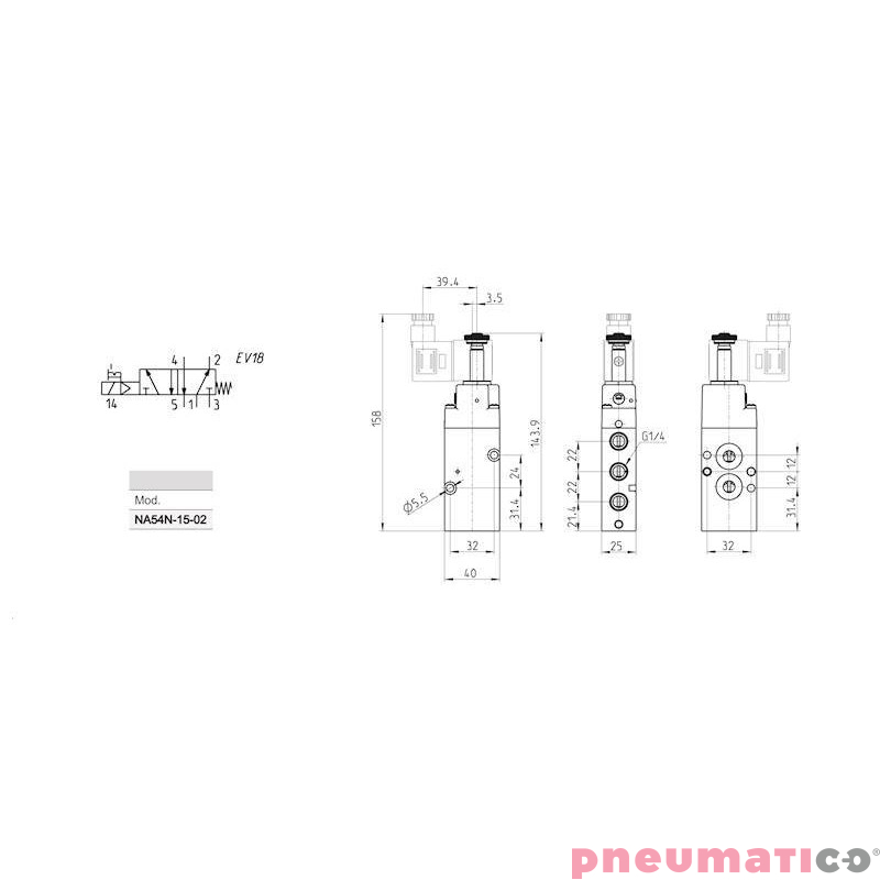ELEKTROZAWÓR 5/2 1/4" CAMOZZI NA54N-15-02 ELEKTROZAWÓR 5/2 1/4" CAMOZZI NA54N-15-02