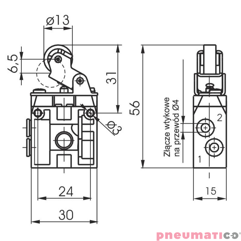 Zaw&oacute;r ręczny z rolką ułożyskowaną - sprężyna 3/2 NC PNEUMAX