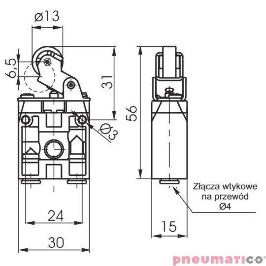 Zaw&oacute;r ręczny z rolką ułożyskowaną - sprężyna 3/2 NC PNEUMAX
