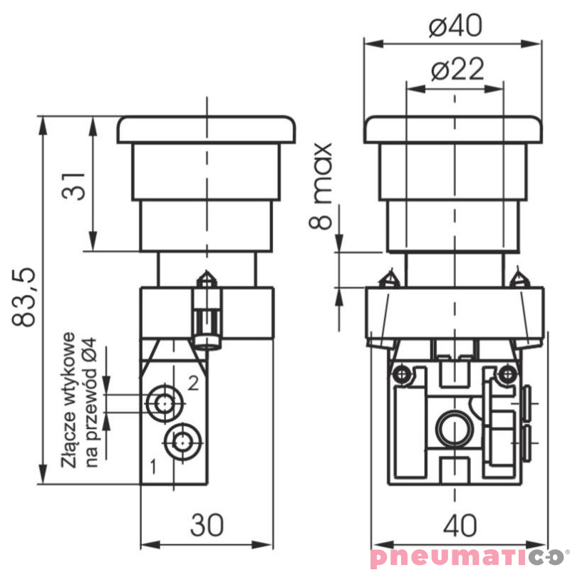 Zawór ręczny - przycisk awaryjny dwupozycyjny 3/2 NC PNEUMAX Zawór ręczny - przycisk awaryjny dwupozycyjny 3/2 NC PNEUMAX