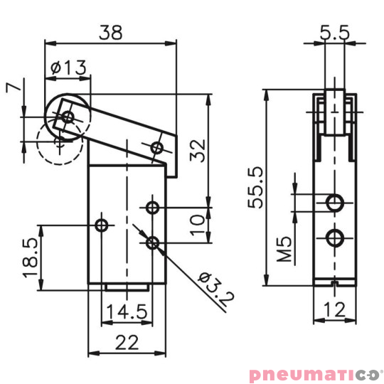 Zaw&oacute;r ręczny - dźwignia z rolką, łożysko - sprężyna 3/2 PNEUMAX