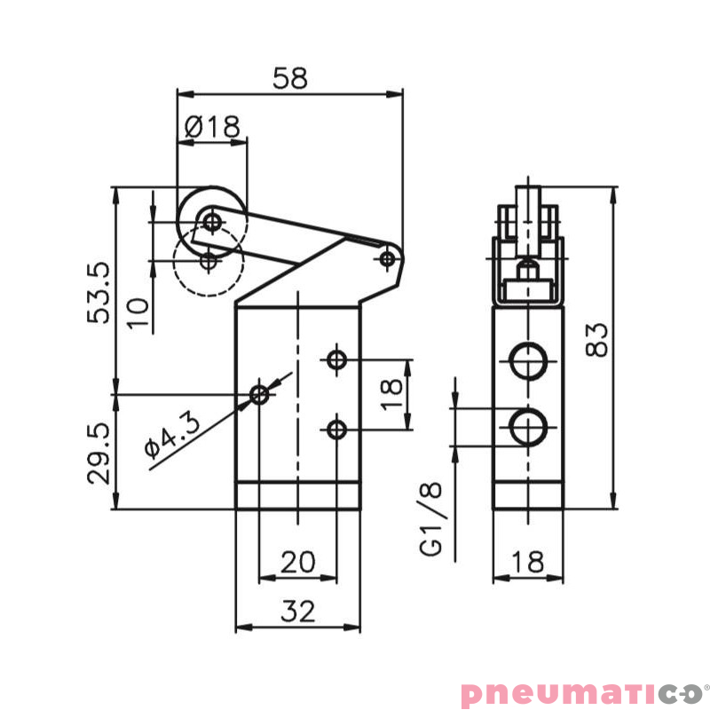 Zawór ręczny - dźwignia z rolką - sprężyna 3/2 PNEUMAX Zawór ręczny - dźwignia z rolką - sprężyna 3/2 PNEUMAX