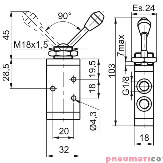 Zaw&oacute;r ręczny - dźwignia w osi zaworu - dwupozycyjny 3/2 PNEUMAX