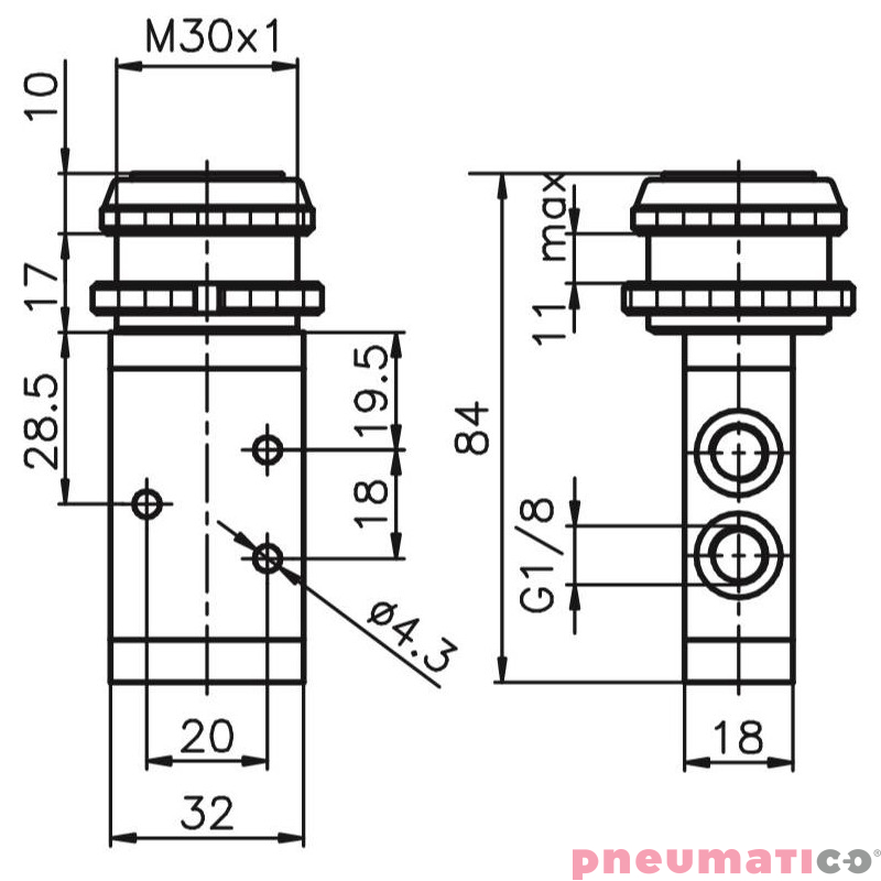 Zawór ręczny - przycisk sprężyna 3/2 PNEUMAX Zawór ręczny - przycisk sprężyna 3/2 PNEUMAX