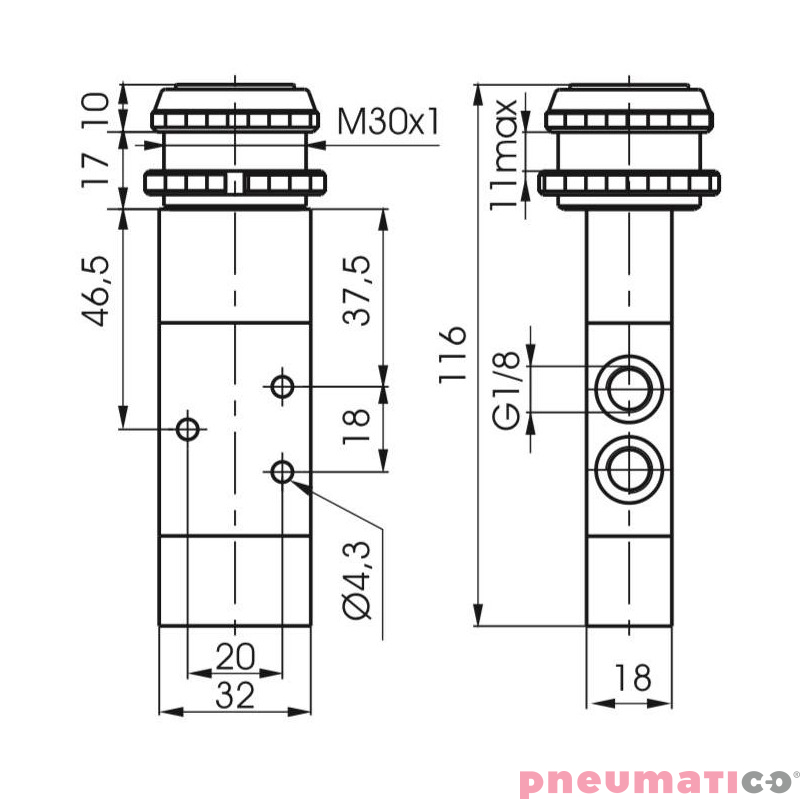 Zawór ręczny - przycisk czuły 30 sprężyna powietrzna 3/2 PNEUMAX Zawór ręczny - przycisk czuły 30 sprężyna powietrzna 3/2 PNEUMAX