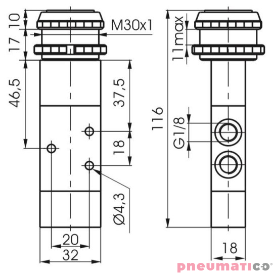 Zawór ręczny - przycisk czuły 30 sprężyna powietrzna 3/2 PNEUMAX Zawór ręczny - przycisk czuły 30 sprężyna powietrzna 3/2 PNEUMAX