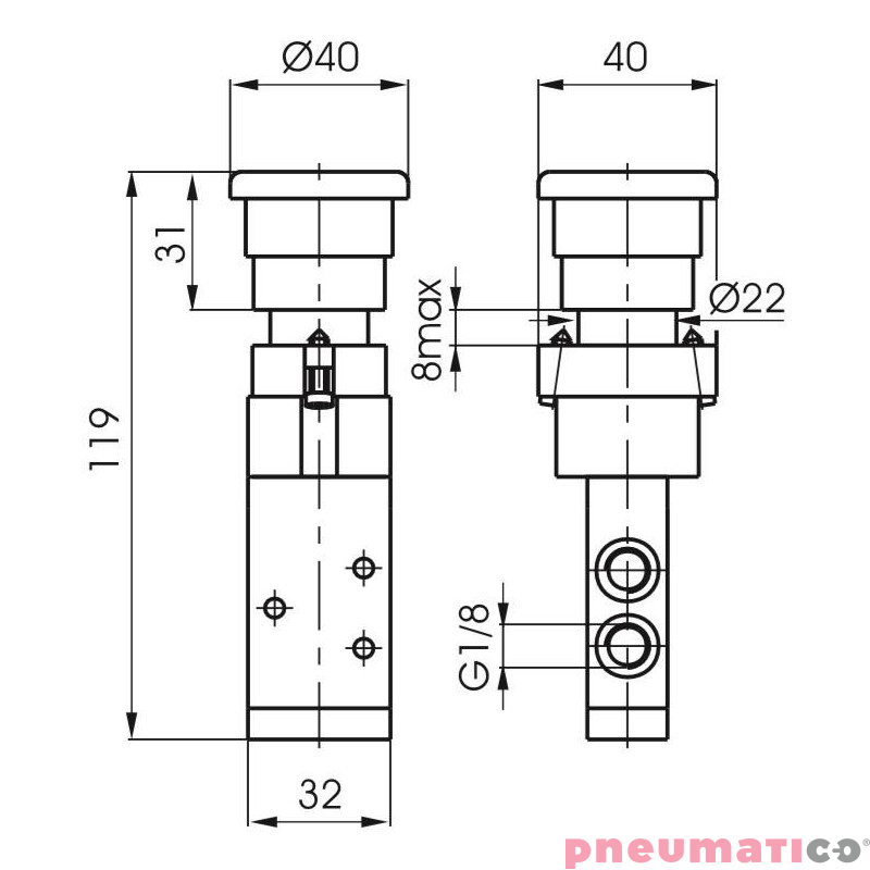 Zawór ręczny - przycisk awaryjny, panel 22, 2-pozycyjny 3/2 PNEUMAX Zawór ręczny - przycisk awaryjny, panel 22, 2-pozycyjny 3/2 PNEUMAX