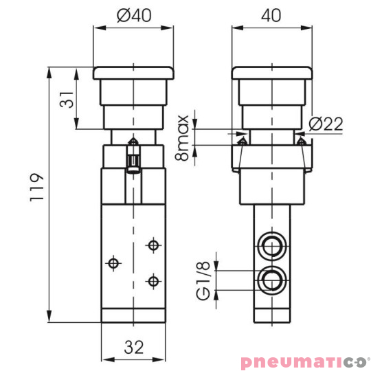 Zawór ręczny - przycisk awaryjny, panel 22, 2-pozycyjny 3/2 PNEUMAX Zawór ręczny - przycisk awaryjny, panel 22, 2-pozycyjny 3/2 PNEUMAX