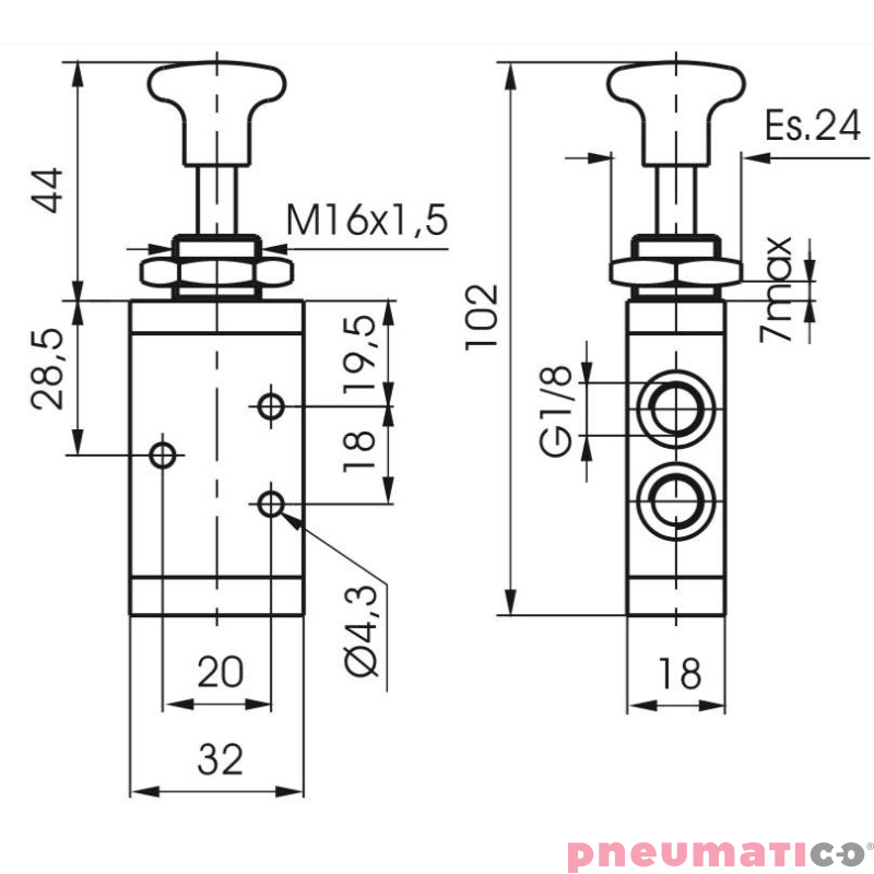 Zaw&oacute;r ręczny - przycisk sprężyna 3/2 PNEUMAX