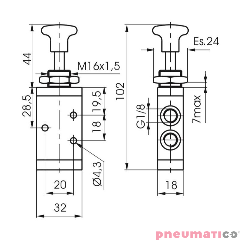 Zawór ręczny - przycisk dwupozycyjny 3/2 PNEUMAX Zawór ręczny - przycisk dwupozycyjny 3/2 PNEUMAX