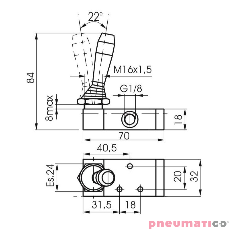 Zawór ręczny - dźwignia boczna sprężyna 3/2 PNEUMAX Zawór ręczny - dźwignia boczna sprężyna 3/2 PNEUMAX