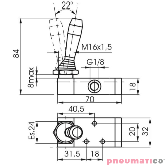 Zawór ręczny - dźwignia boczna sprężyna 3/2 PNEUMAX Zawór ręczny - dźwignia boczna sprężyna 3/2 PNEUMAX