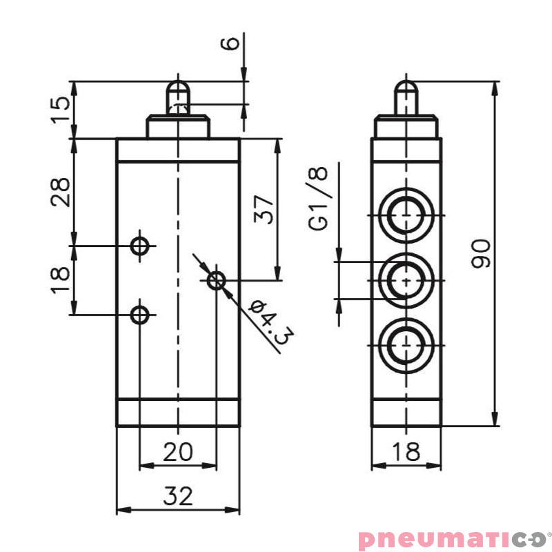 Zaw&oacute;r ręczny - popychacz sprężyna 5/2 PNEUMAX