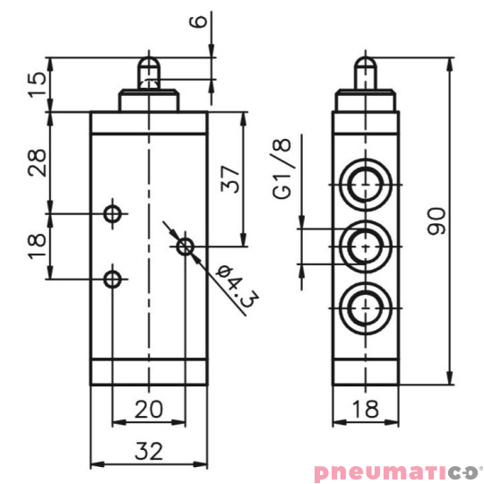 Zaw&oacute;r ręczny - popychacz sprężyna 5/2 PNEUMAX