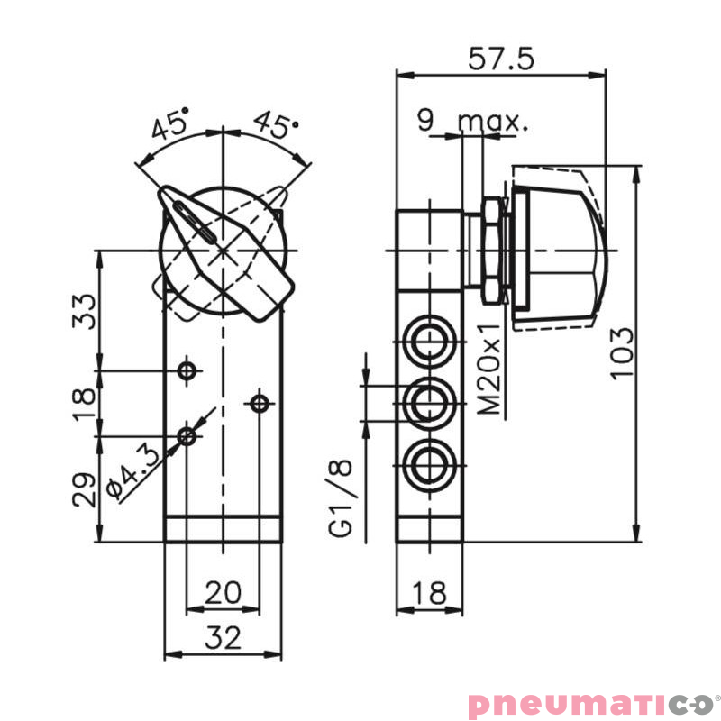 Zaw&oacute;r ręczny - przełącznik boczny dwupozycyjny 5/2 PNEUMAX