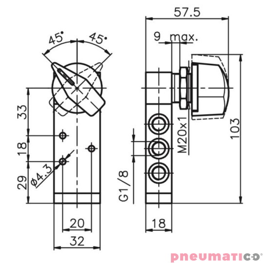 Zaw&oacute;r ręczny - przełącznik boczny dwupozycyjny 5/2 PNEUMAX