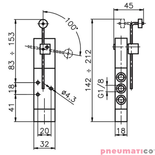 Zawór ręczny - dźwignia czuła - sprężyna powietrzna 5/2 PNEUMAX Zawór ręczny - dźwignia czuła - sprężyna powietrzna 5/2 PNEUMAX