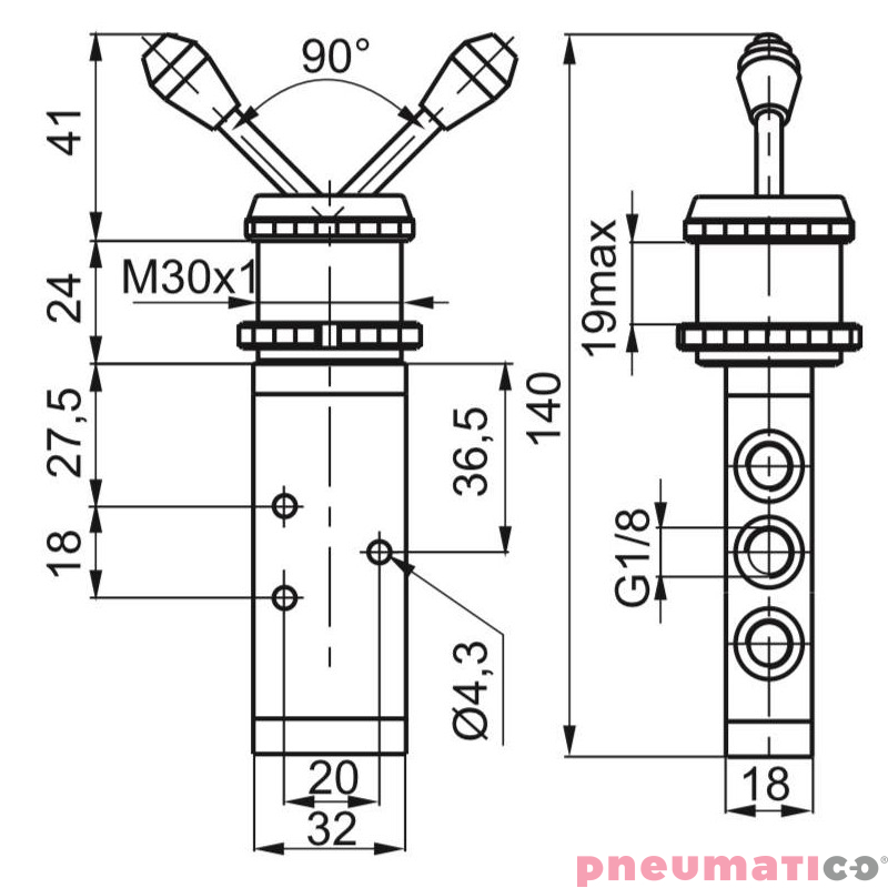 Zawór ręczny - dźwignia w osi - panel 30 - dwupozycyjny 5/2 PNEUMAX Zawór ręczny - dźwignia w osi - panel 30 - dwupozycyjny 5/2 PNEUMAX