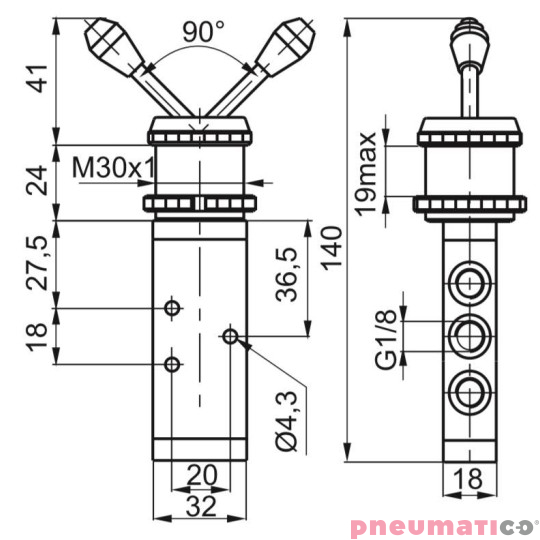 Zawór ręczny - dźwignia w osi - panel 30 - dwupozycyjny 5/2 PNEUMAX Zawór ręczny - dźwignia w osi - panel 30 - dwupozycyjny 5/2 PNEUMAX