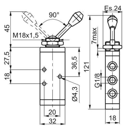 Zawór ręczny - dźwignia w osi zaworu - dwupozycyjny 5/2 PNEUMAX Zawór ręczny - dźwignia w osi zaworu - dwupozycyjny 5/2 PNEUMAX